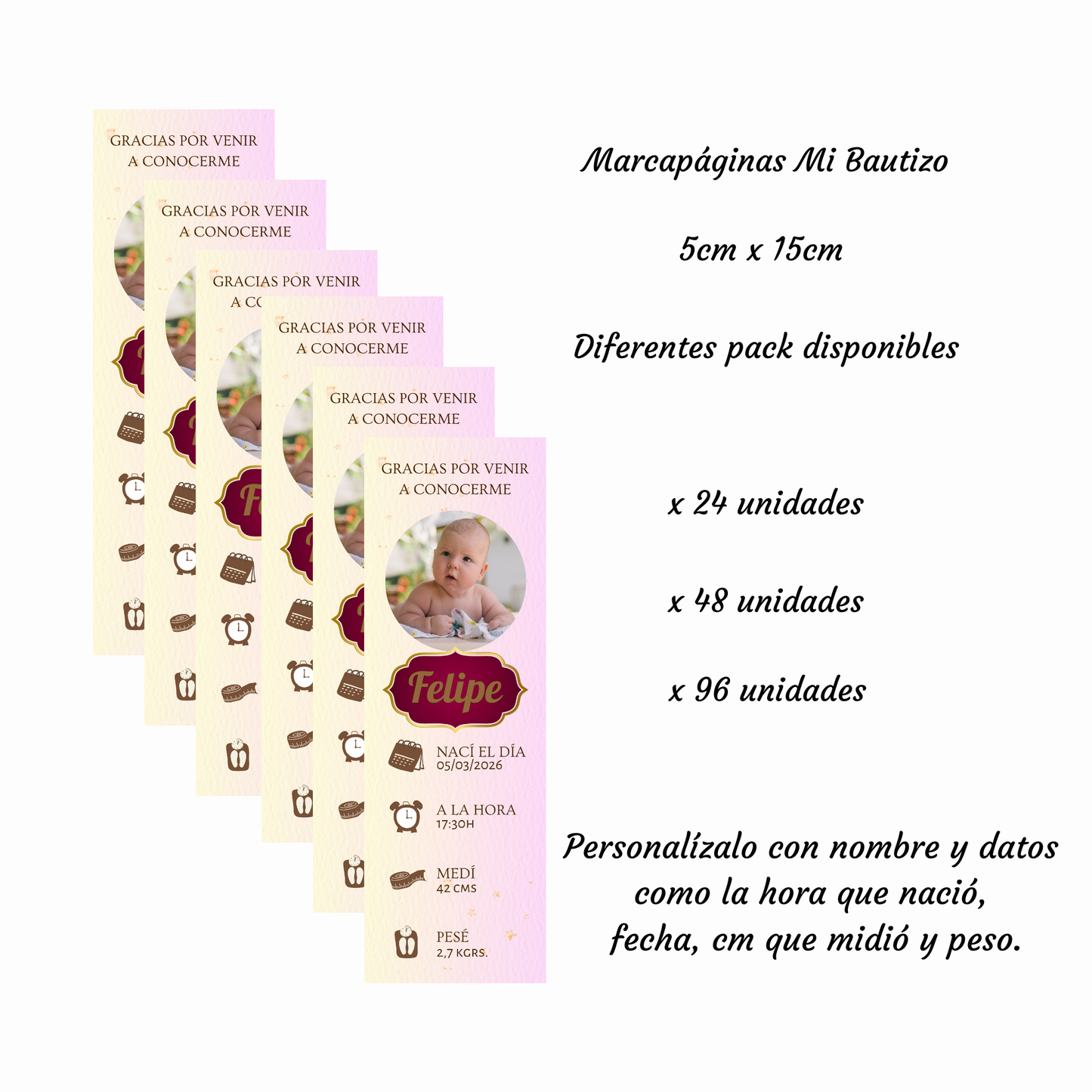 Marcapáginas Natalicio Personalizados con Foto – Diseño Rosa Pastel – Packs 12 / 24 / 36 / 48 – Recuerdo de Nacimiento