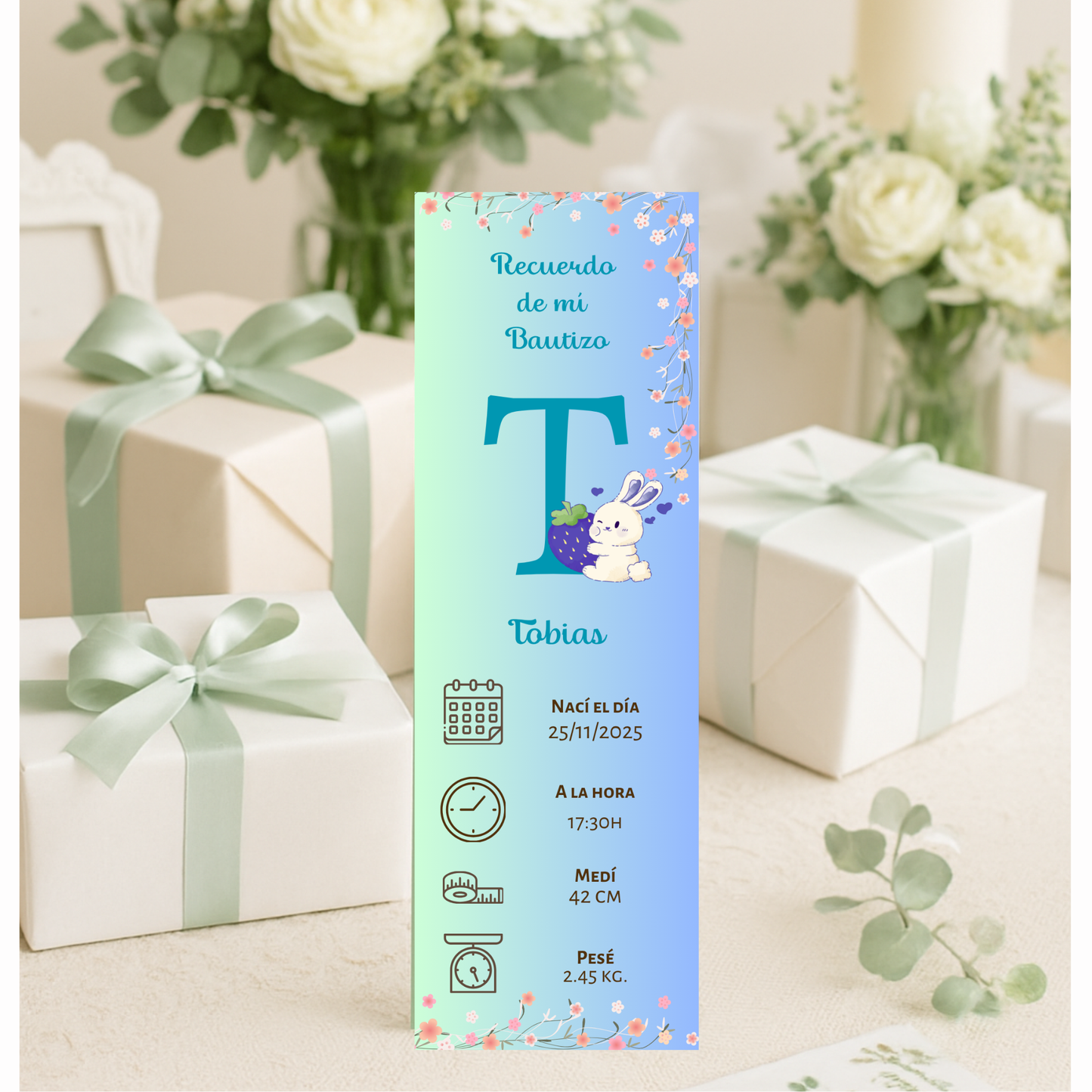 Marcapáginas Natalicio Personalizados – Diseño Conejito y Flores – Packs 12 / 24 / 36 / 48 – Recuerdo de Bautizo o Nacimiento