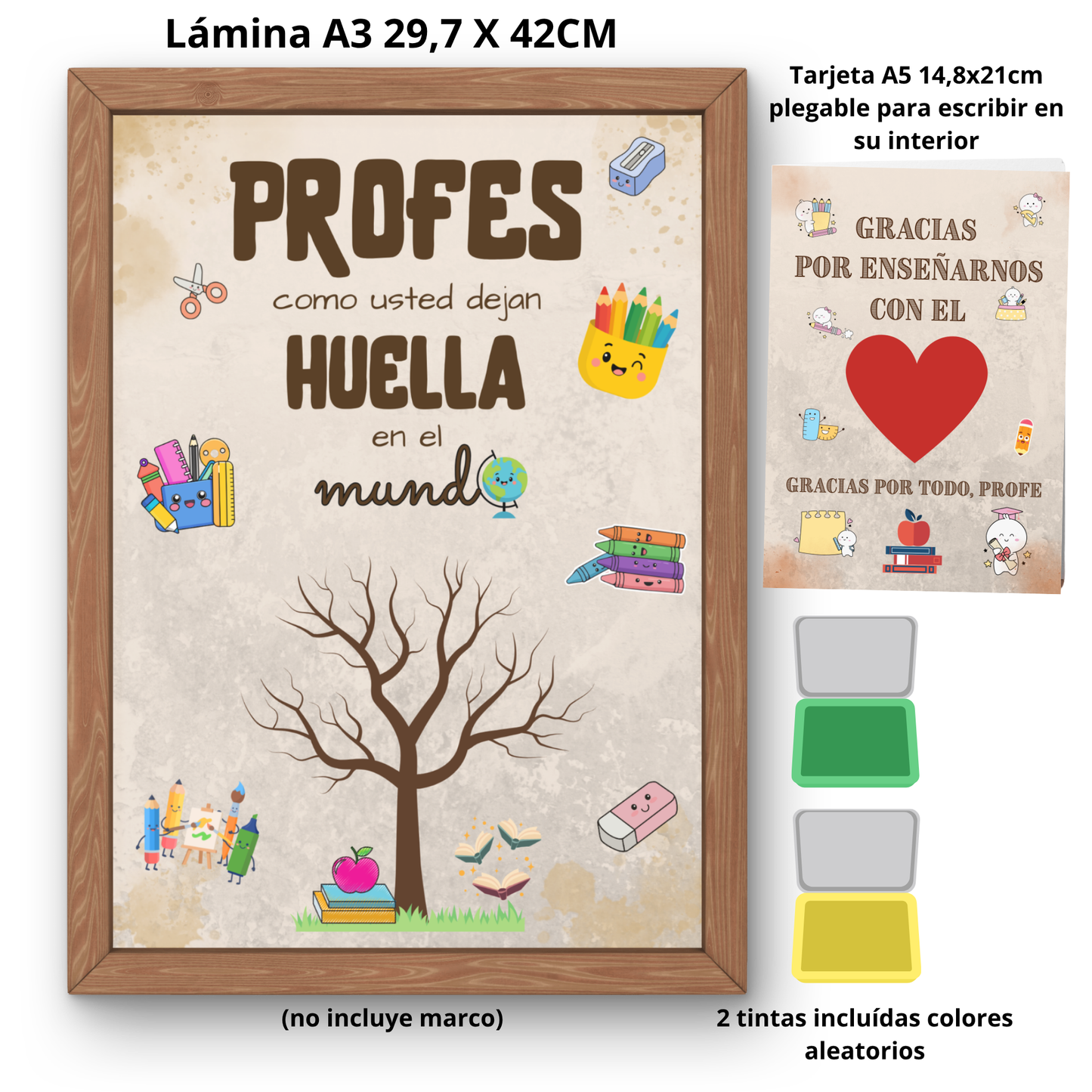 Pack Agradecimiento para Profes — Lámina A3 + Tarjeta A5 + 2 tintas | Regalo Fin de Curso