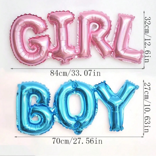Mega Pack Gender Reveal — Globo revelación + cañones rosa y azul + globos BOY & GIRL + árbol de huellas + juego de votación + adhesivos + pines (131 piezas)
