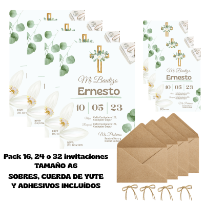 Invitaciones de Bautizo Personalizadas – Diseño Cruz Dorada – Con Sobres y Cuerda de Yute – Packs 16 / 24 / 32
