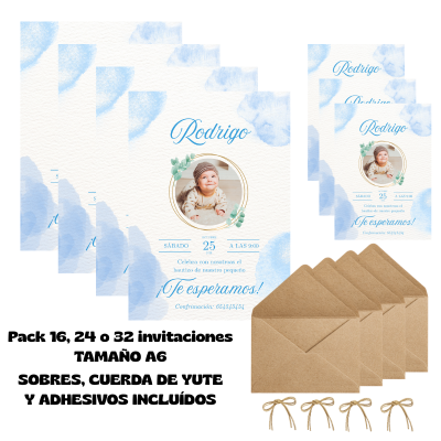 Invitaciones de Bautizo Personalizadas con Foto – Packs 16 / 24 / 32 – Diseño Acuarela Azul – Tarjetas Premium A6
