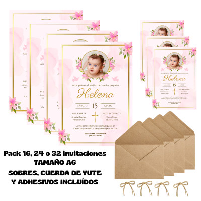Invitaciones de Bautizo Personalizadas con Foto – Diseño Floral Rosa – Con Sobres y Cuerda de Yute – Packs 16 / 24 / 32