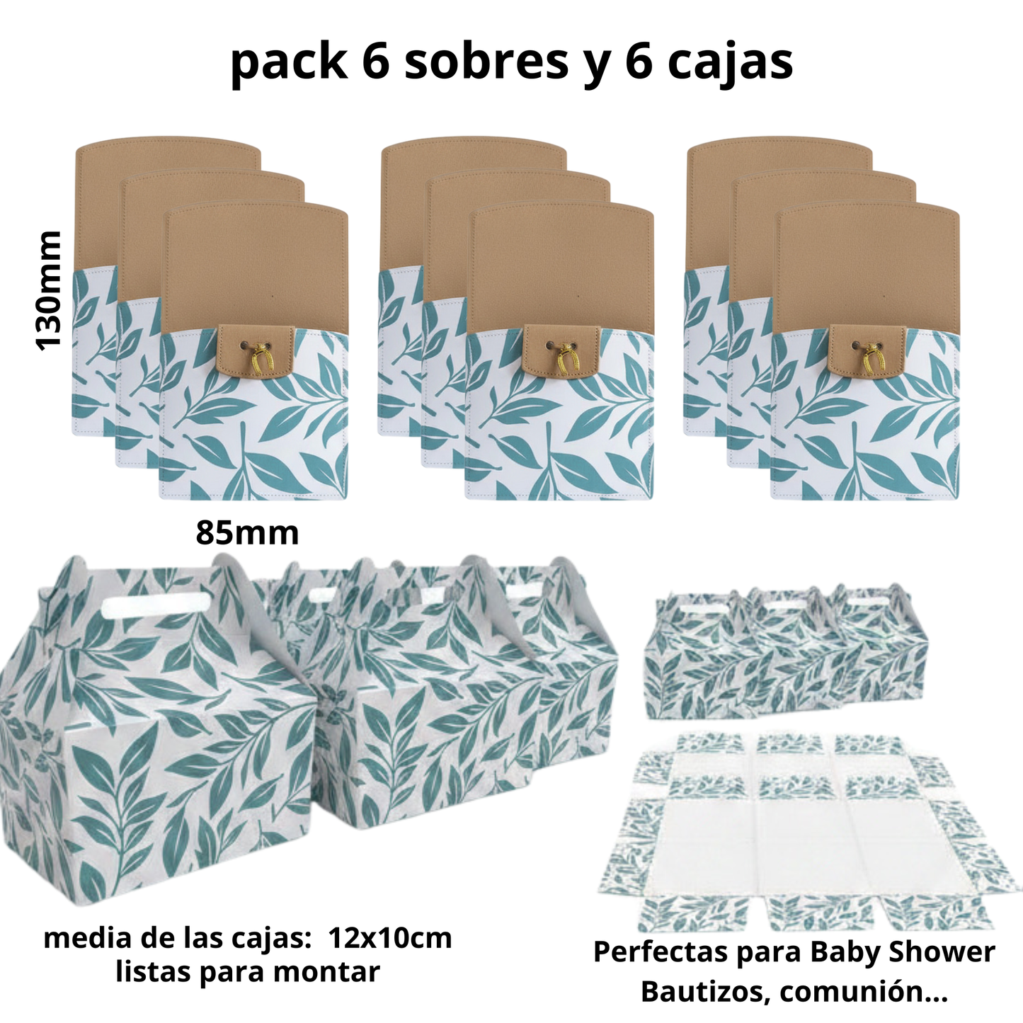 Pack 6 Sobres + 6 Cajas Desmontadas – Diseño Hoja Verde – Detalles para Bautizo, Baby Shower y Comunión
