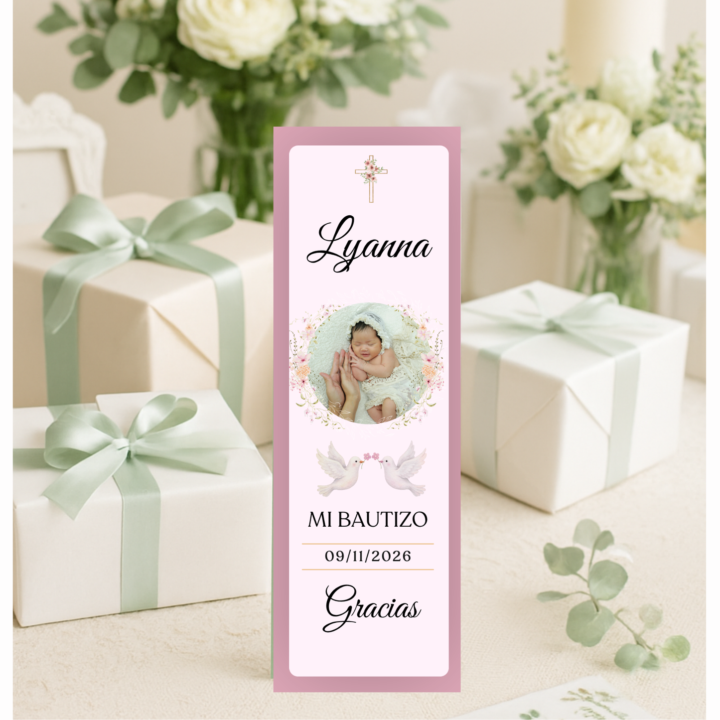 Marcapáginas Bautizo Personalizados con Foto – Diseño Floral Rosa – Packs 12 / 24 / 36 / 48 – Recuerdo para Invitados