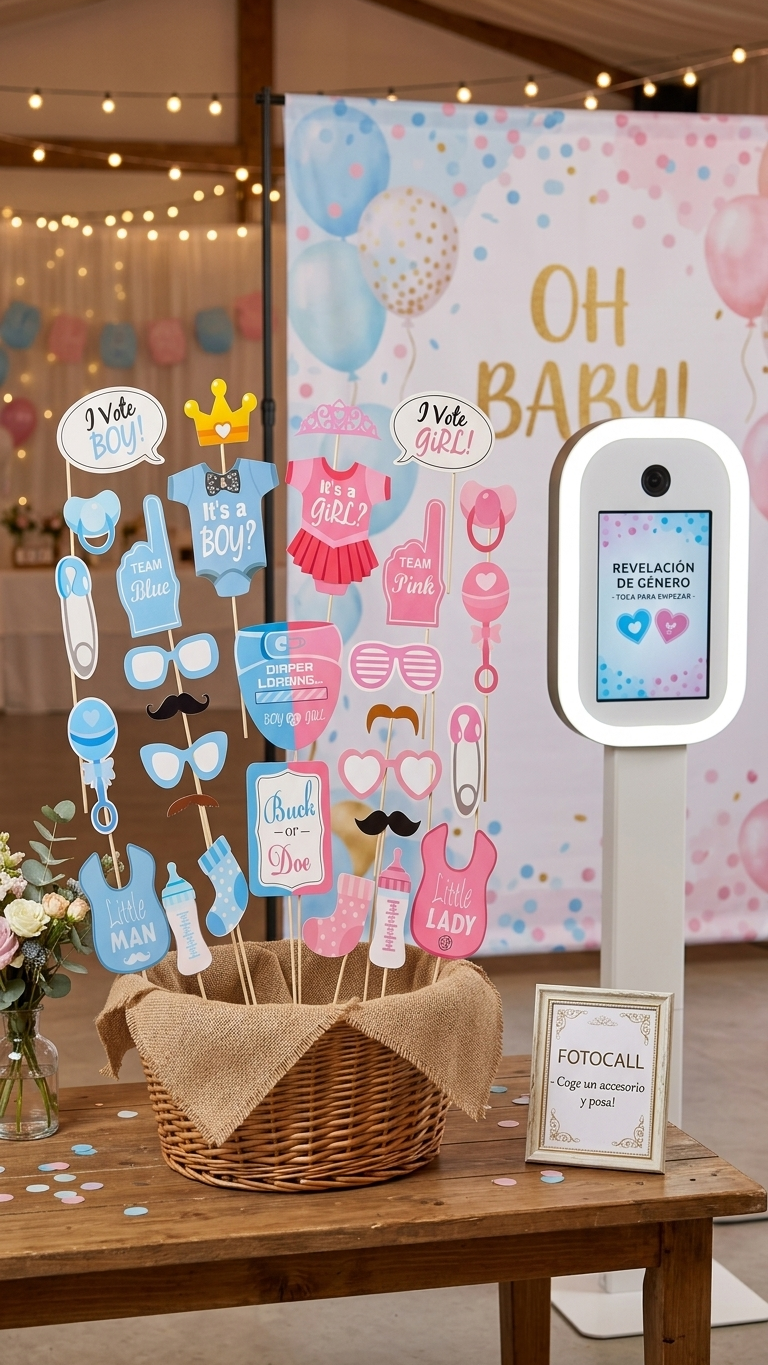 Pack 40 Props Fotocall Gender Reveal · Niño o Niña · Accesorios Fiesta Revelación de Género · Photocall Baby Shower