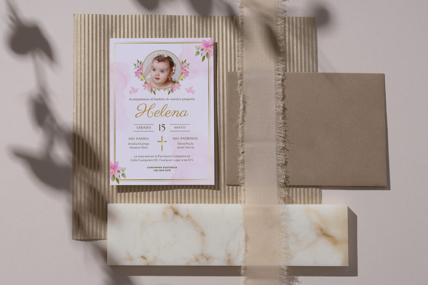 Invitaciones de Bautizo Personalizadas con Foto – Diseño Floral Rosa – Con Sobres y Cuerda de Yute – Packs 16 / 24 / 32