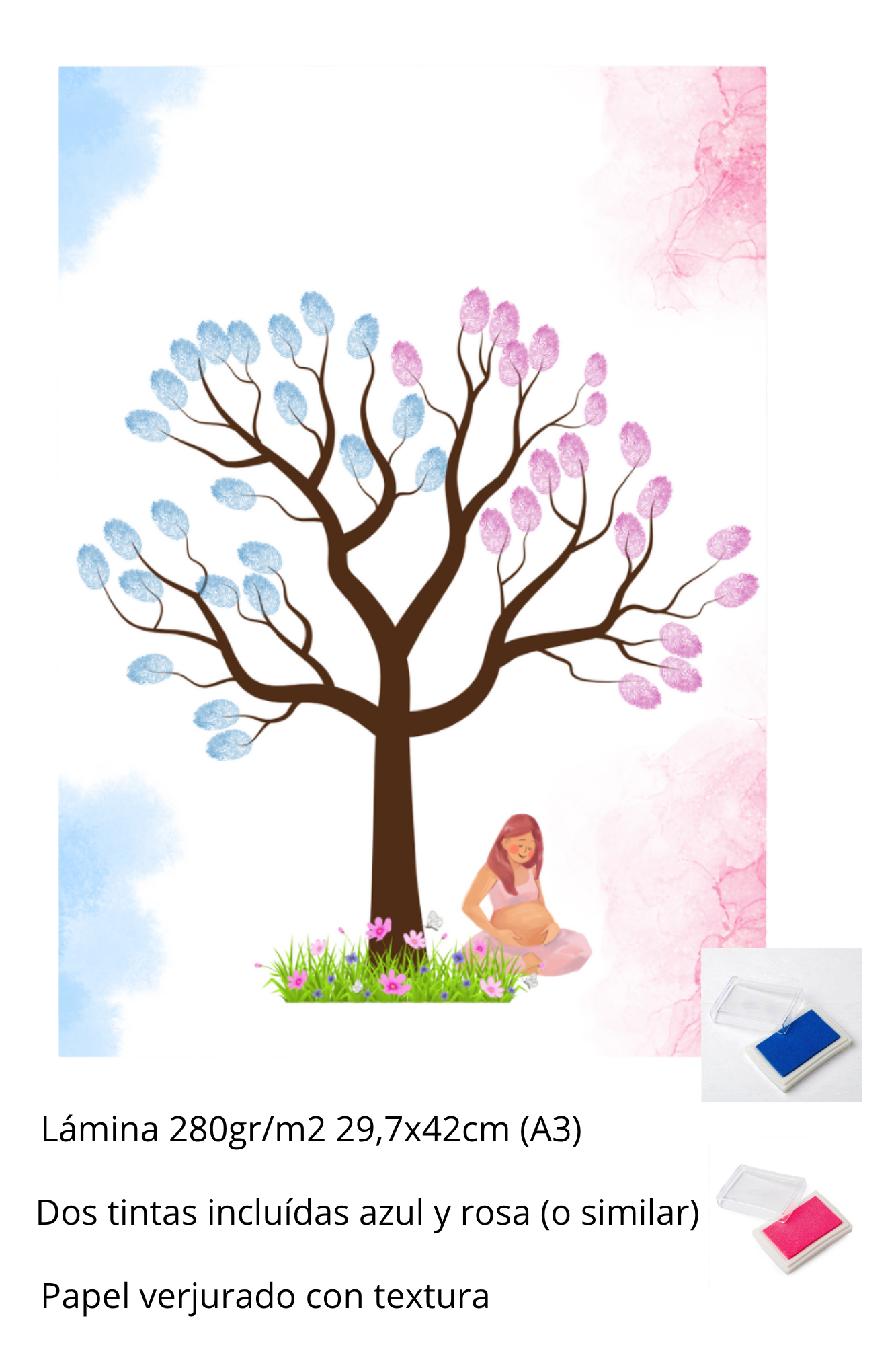 Árbol de huellas revelación de género - Tinta azul y rosa - Actividad gender reveal
