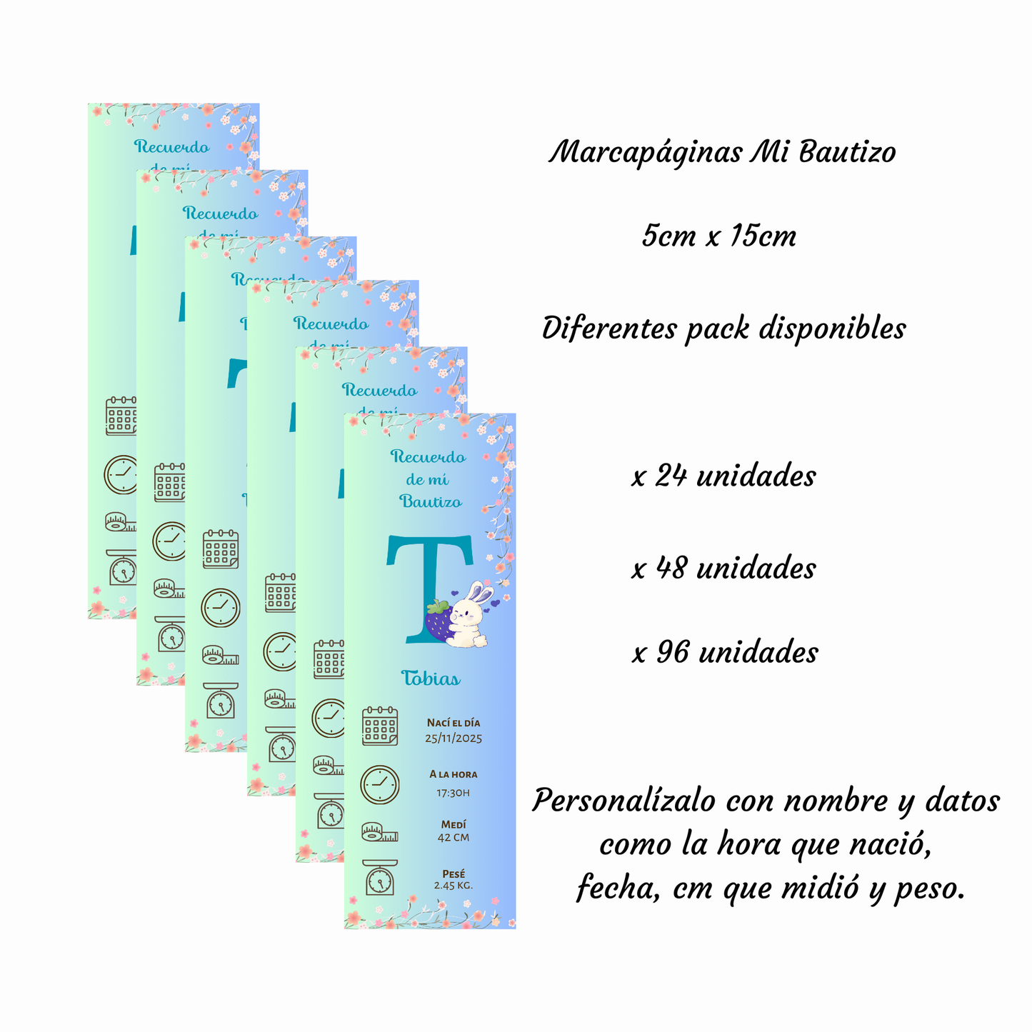 Marcapáginas Natalicio Personalizados – Diseño Conejito y Flores – Packs 12 / 24 / 36 / 48 – Recuerdo de Bautizo o Nacimiento