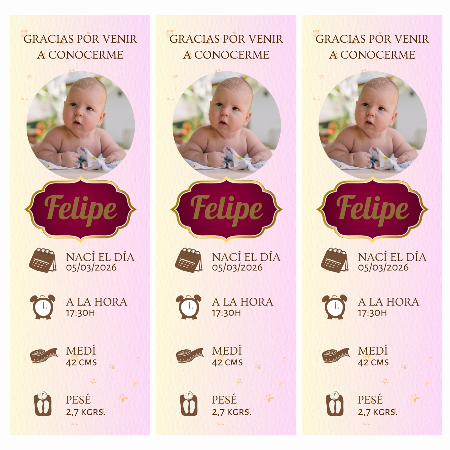 Marcapáginas Natalicio Personalizados con Foto – Diseño Rosa Pastel – Packs 12 / 24 / 36 / 48 – Recuerdo de Nacimiento