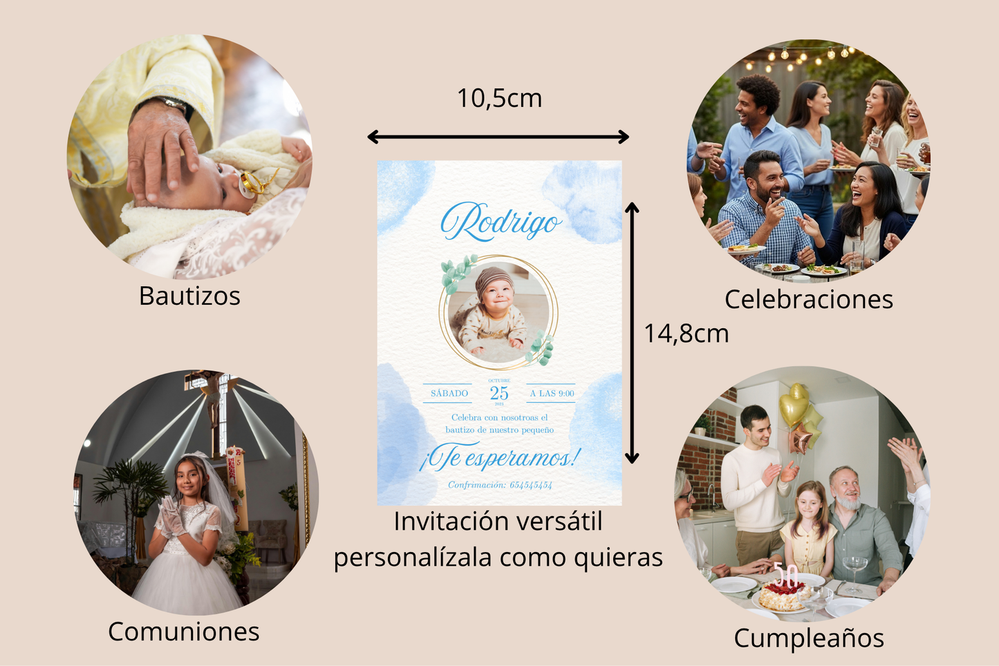 Invitaciones de Bautizo Personalizadas con Foto – Packs 16 / 24 / 32 – Diseño Acuarela Azul – Tarjetas Premium A6