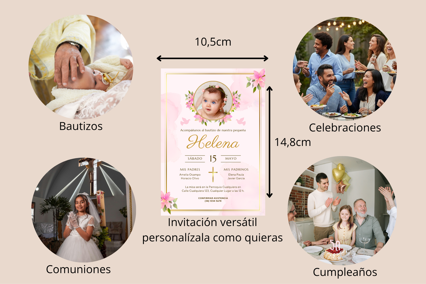 Invitaciones de Bautizo Personalizadas con Foto – Diseño Floral Rosa – Con Sobres y Cuerda de Yute – Packs 16 / 24 / 32