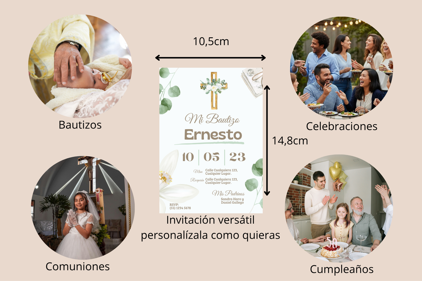 Invitaciones de Bautizo Personalizadas – Diseño Cruz Dorada – Con Sobres y Cuerda de Yute – Packs 16 / 24 / 32