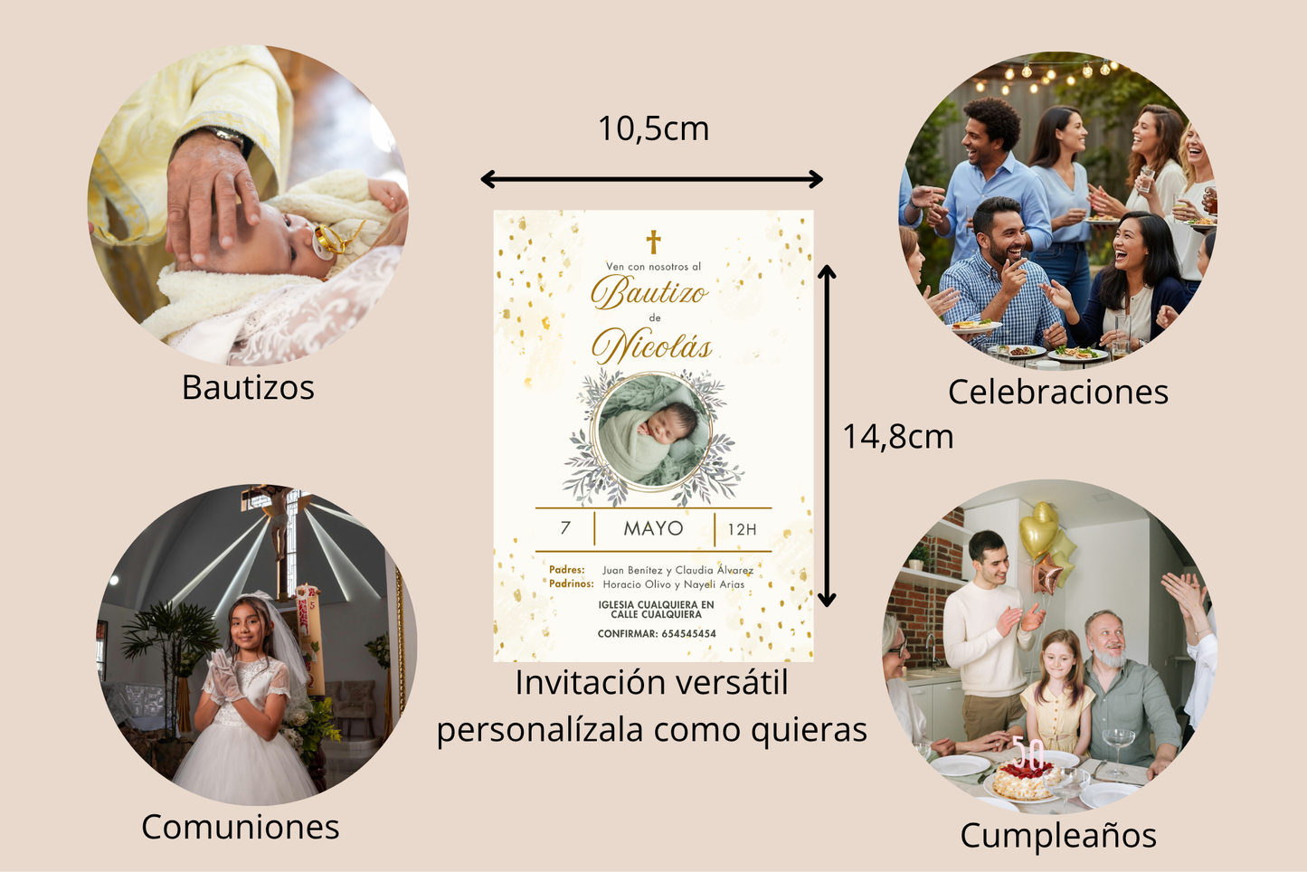 Invitaciones de Bautizo Personalizadas con Foto – Diseño Elegante Dorado – Con Sobres (Color Variable) – Packs 16 / 24 / 32