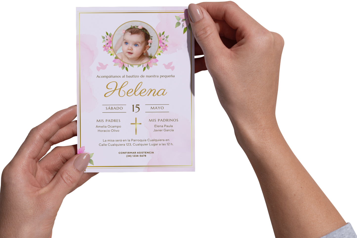 Invitaciones de Bautizo Personalizadas con Foto – Diseño Floral Rosa – Con Sobres y Cuerda de Yute – Packs 16 / 24 / 32