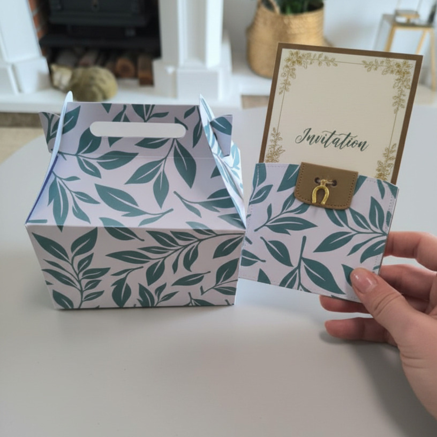Pack 6 Sobres + 6 Cajas Desmontadas – Diseño Hoja Verde – Detalles para Bautizo, Baby Shower y Comunión