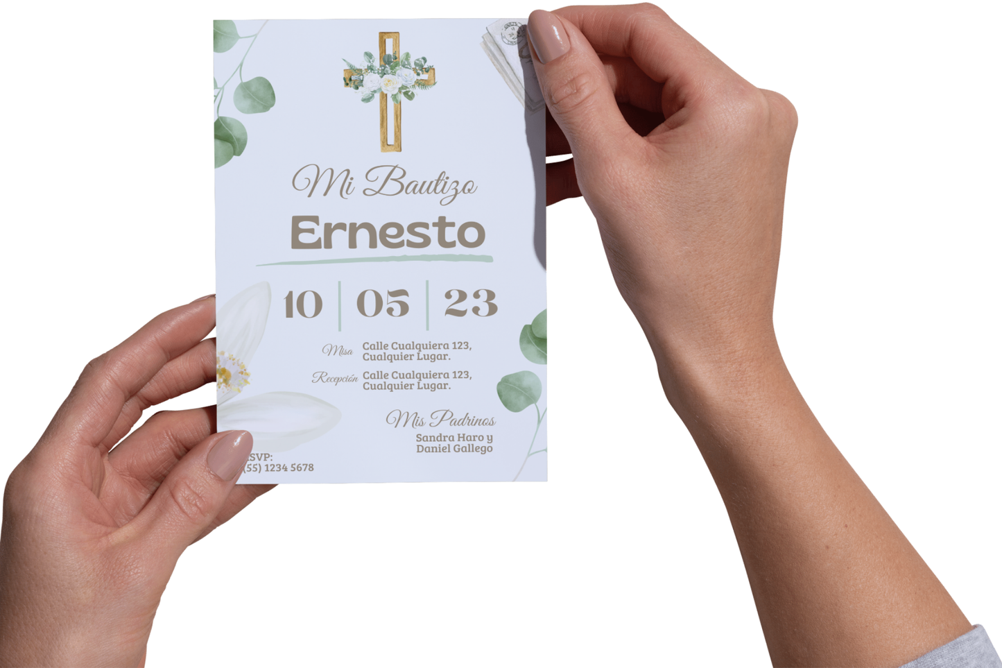 Invitaciones de Bautizo Personalizadas – Diseño Cruz Dorada – Con Sobres y Cuerda de Yute – Packs 16 / 24 / 32