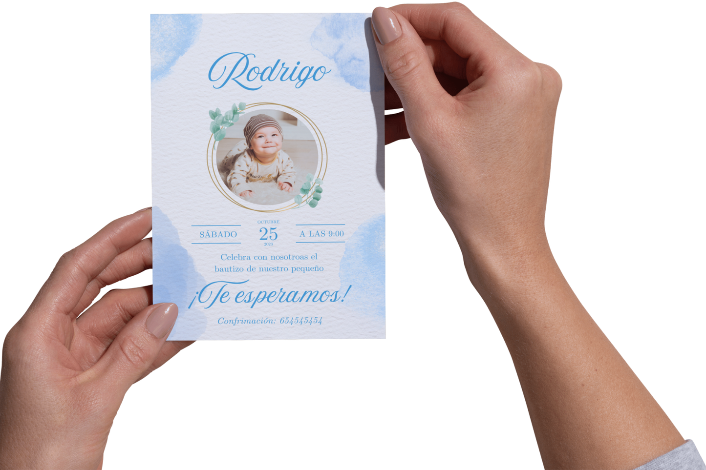 Invitaciones de Bautizo Personalizadas con Foto – Packs 16 / 24 / 32 – Diseño Acuarela Azul – Tarjetas Premium A6