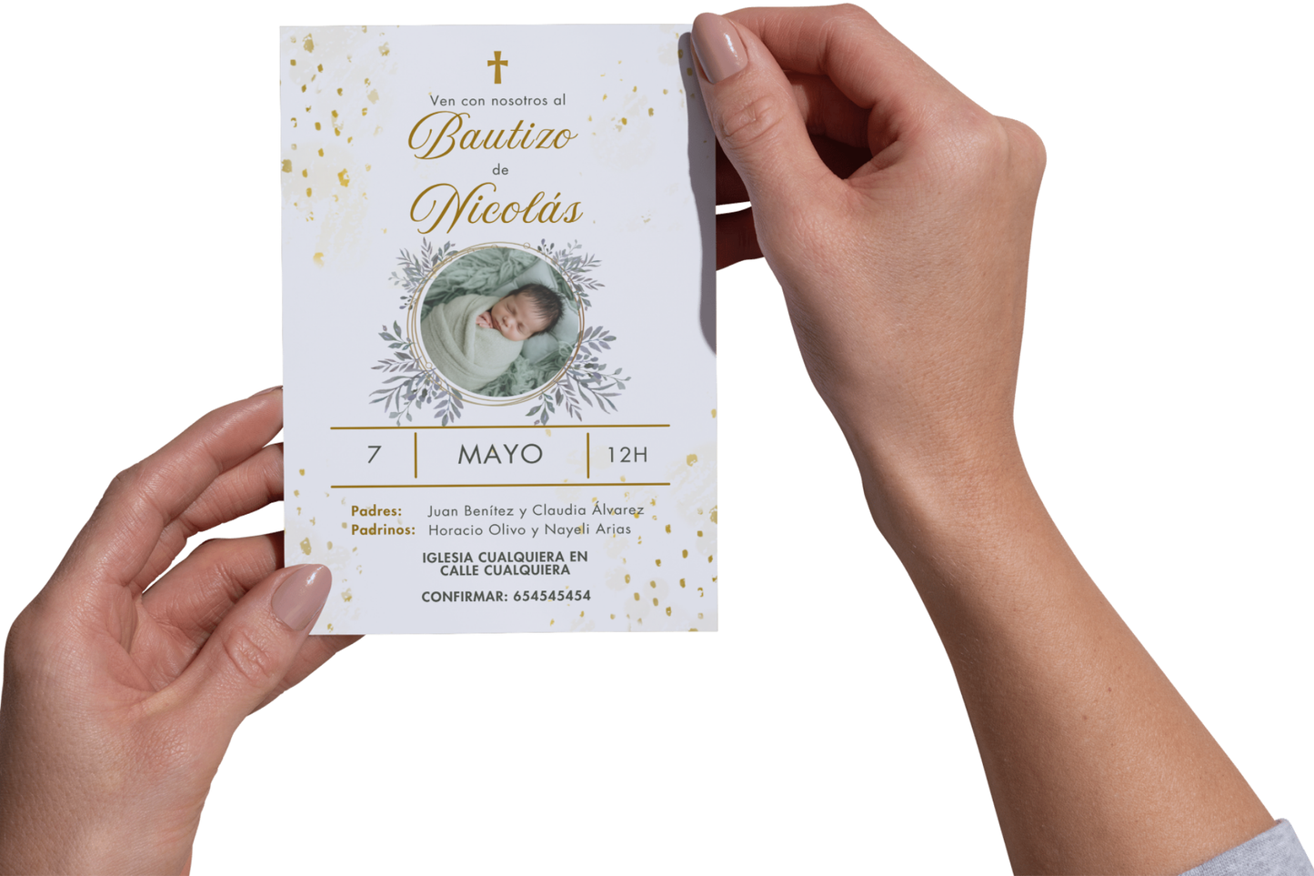 Invitaciones de Bautizo Personalizadas con Foto – Diseño Elegante Dorado – Con Sobres (Color Variable) – Packs 16 / 24 / 32