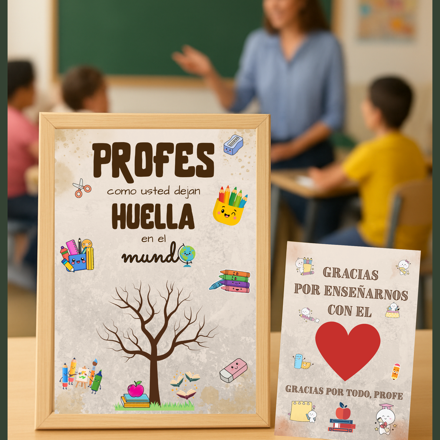 Pack Agradecimiento para Profes — Lámina A3 + Tarjeta A5 + 2 tintas | Regalo Fin de Curso