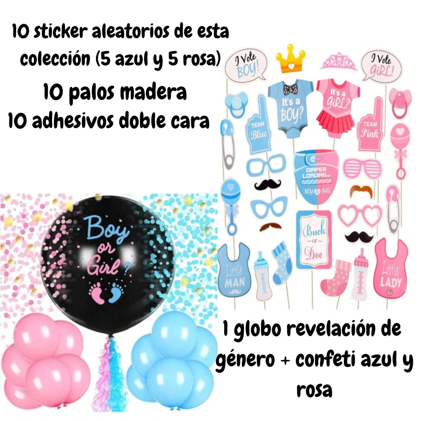 Globo Revelación 36” + Pack 10 Props Fotocall | Gender Reveal | Niño o Niña