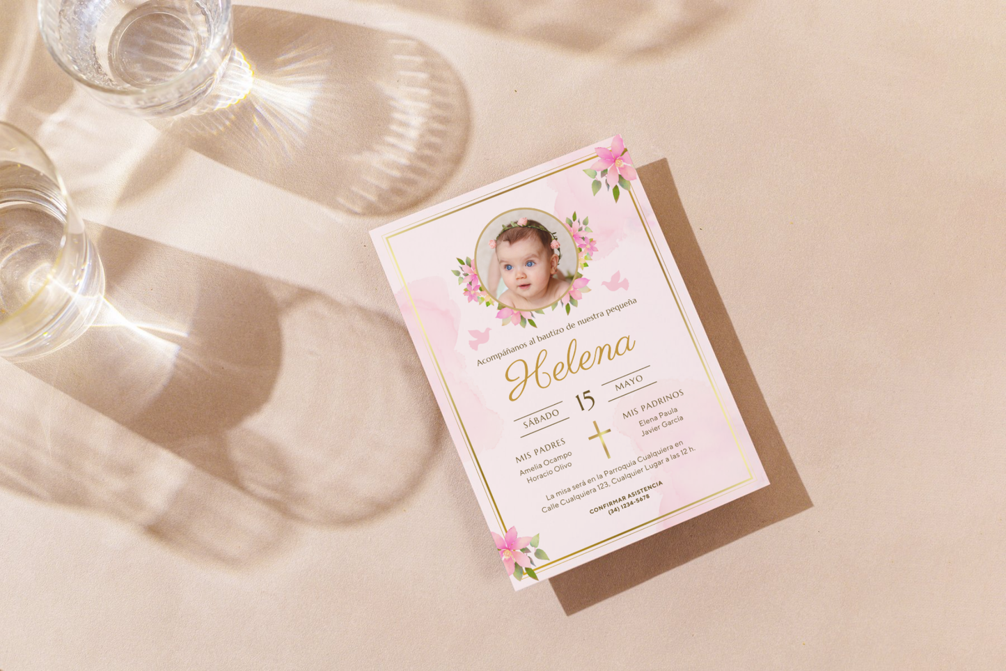 Invitaciones de Bautizo Personalizadas con Foto – Diseño Floral Rosa – Con Sobres y Cuerda de Yute – Packs 16 / 24 / 32