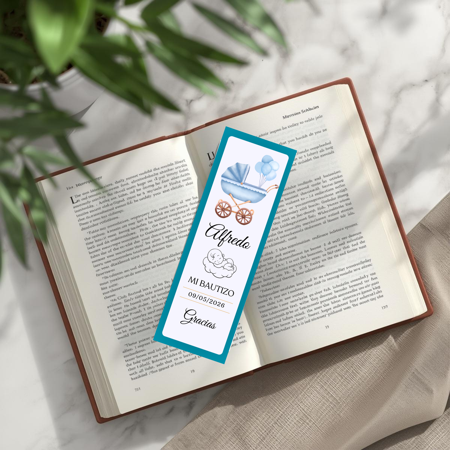 Marcapáginas Bautizo Personalizados – Diseño Carrito Azul – Packs 12 / 24 / 36 / 48 – Recuerdo para Invitados