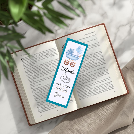 Marcapáginas Bautizo Personalizados – Diseño Carrito Azul – Packs 12 / 24 / 36 / 48 – Recuerdo para Invitados