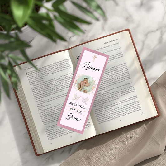 Marcapáginas Bautizo Personalizados con Foto – Diseño Floral Rosa – Packs 12 / 24 / 36 / 48 – Recuerdo para Invitados