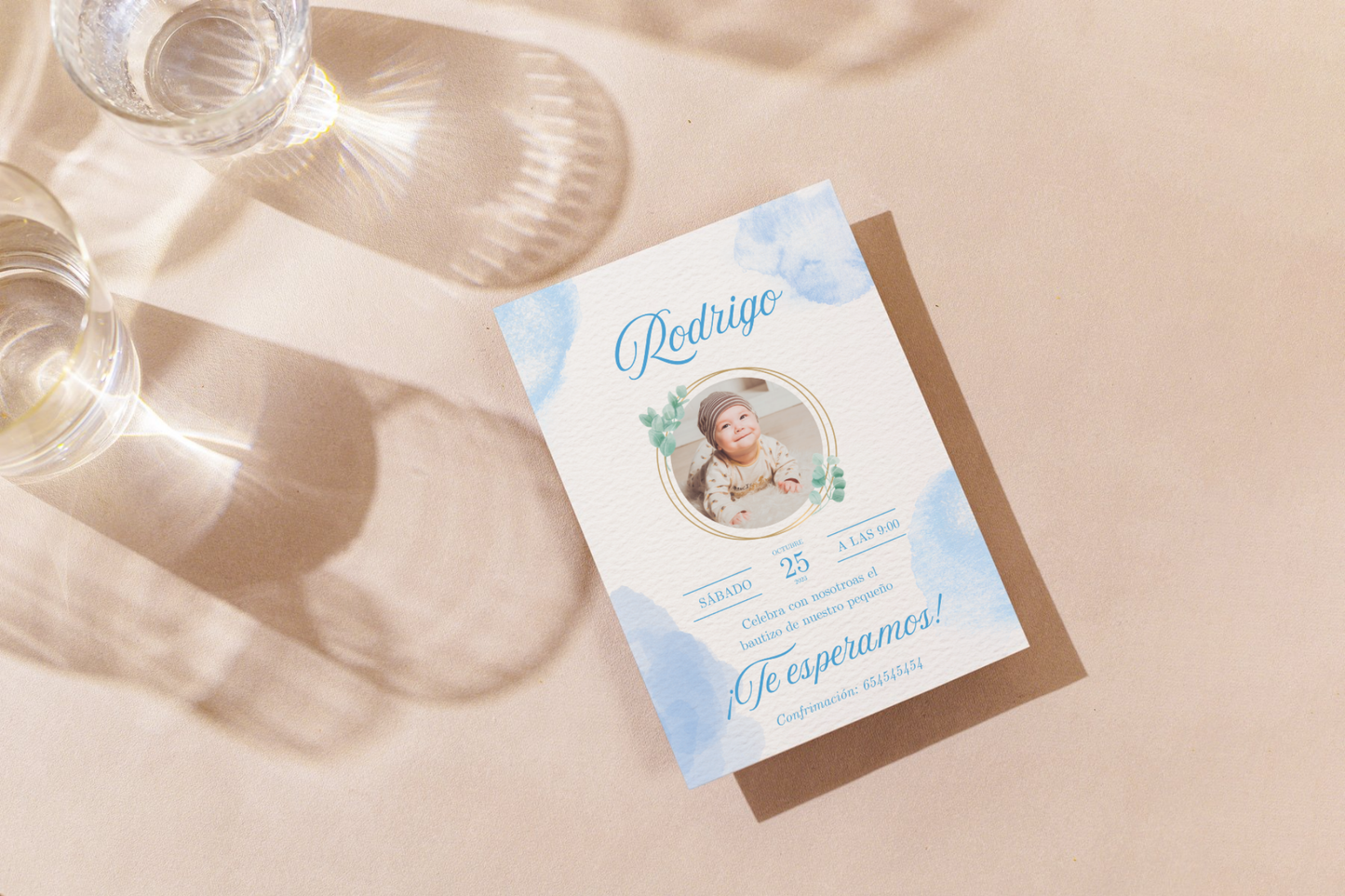 Invitaciones de Bautizo Personalizadas con Foto – Packs 16 / 24 / 32 – Diseño Acuarela Azul – Tarjetas Premium A6