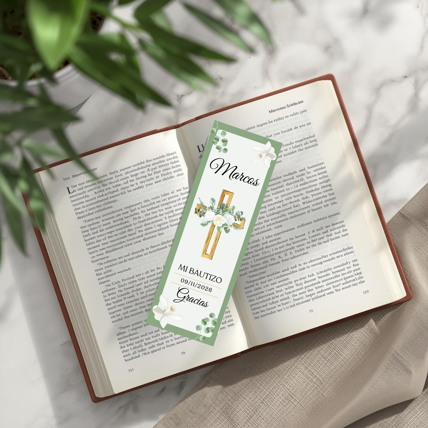 Marcapáginas Bautizo Personalizados – Diseño Cruz Dorada Floral – Packs 12 / 24 / 36 / 48 – Tarjetas Agradecimiento