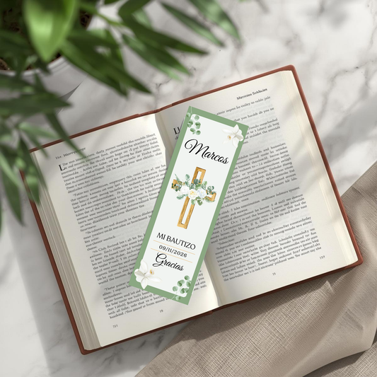 Marcapáginas Bautizo Personalizados – Diseño Cruz Dorada Floral – Packs 12 / 24 / 36 / 48 – Tarjetas Agradecimiento