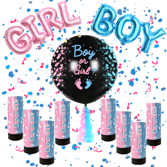 Pack Gender Reveal — Globo revelación + 2 cañones rosa + globos BOY & GIRL