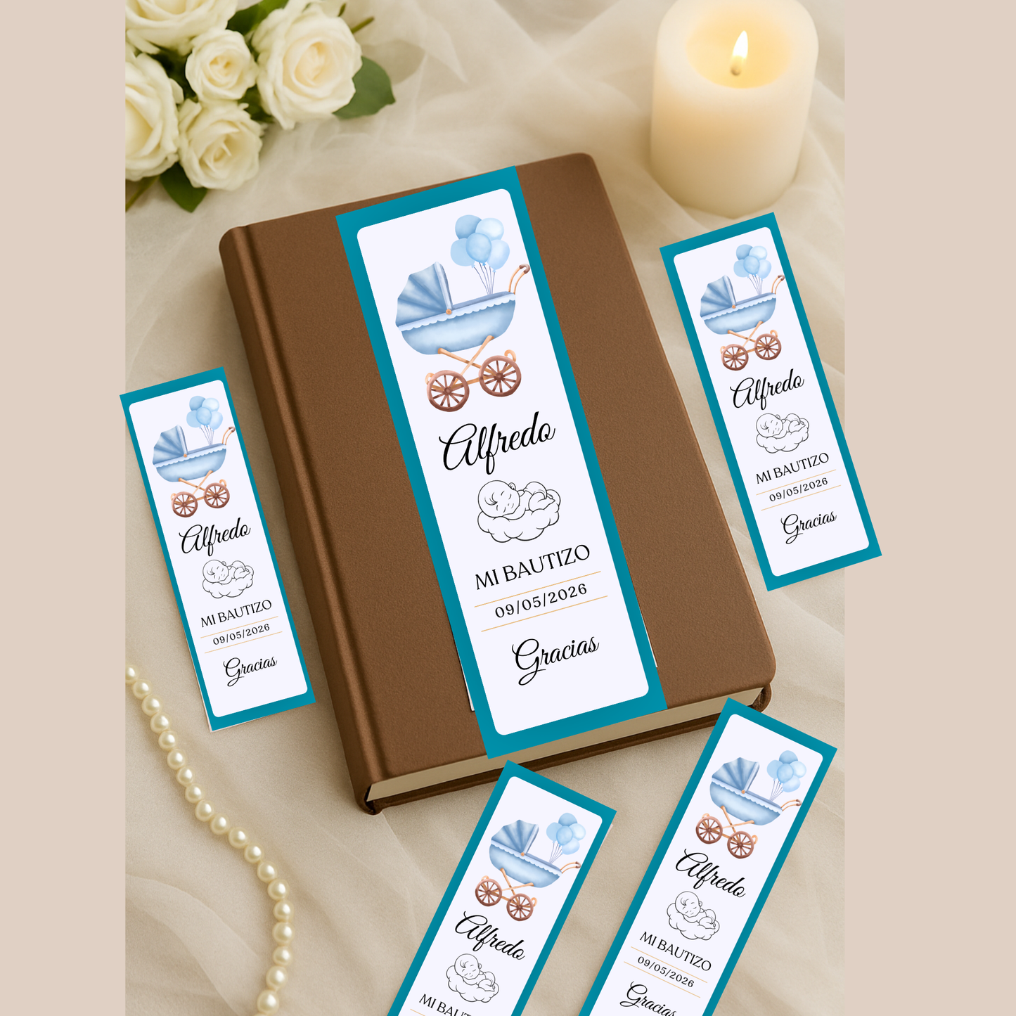 Marcapáginas Bautizo Personalizados – Diseño Carrito Azul – Packs 12 / 24 / 36 / 48 – Recuerdo para Invitados
