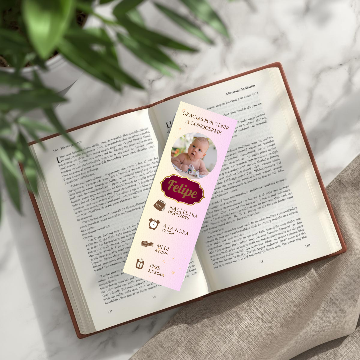 Marcapáginas Natalicio Personalizados con Foto – Diseño Rosa Pastel – Packs 12 / 24 / 36 / 48 – Recuerdo de Nacimiento
