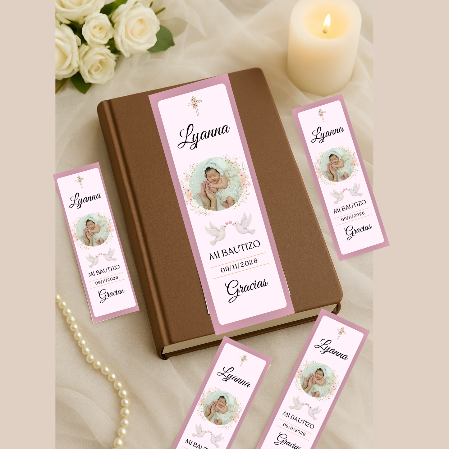 Marcapáginas Bautizo Personalizados con Foto – Diseño Floral Rosa – Packs 12 / 24 / 36 / 48 – Recuerdo para Invitados