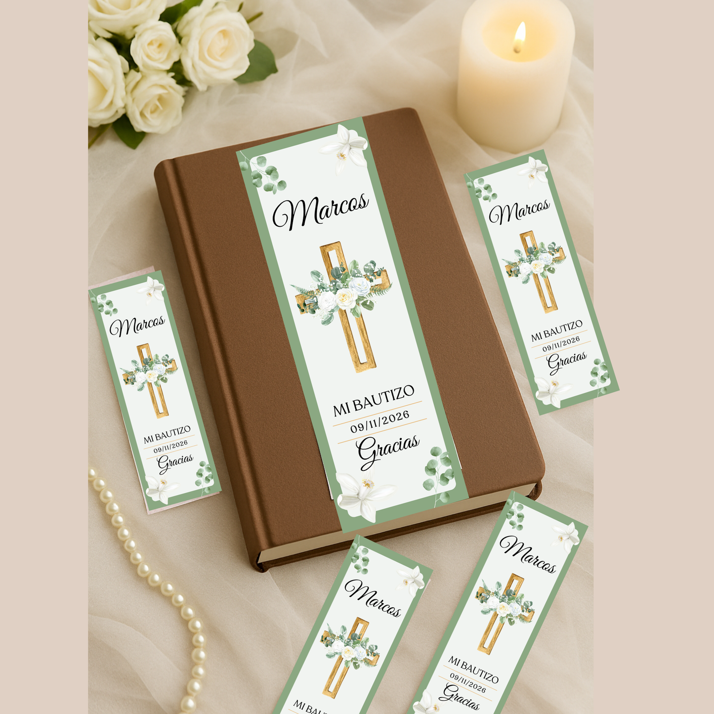Marcapáginas Bautizo Personalizados – Diseño Cruz Dorada Floral – Packs 12 / 24 / 36 / 48 – Tarjetas Agradecimiento