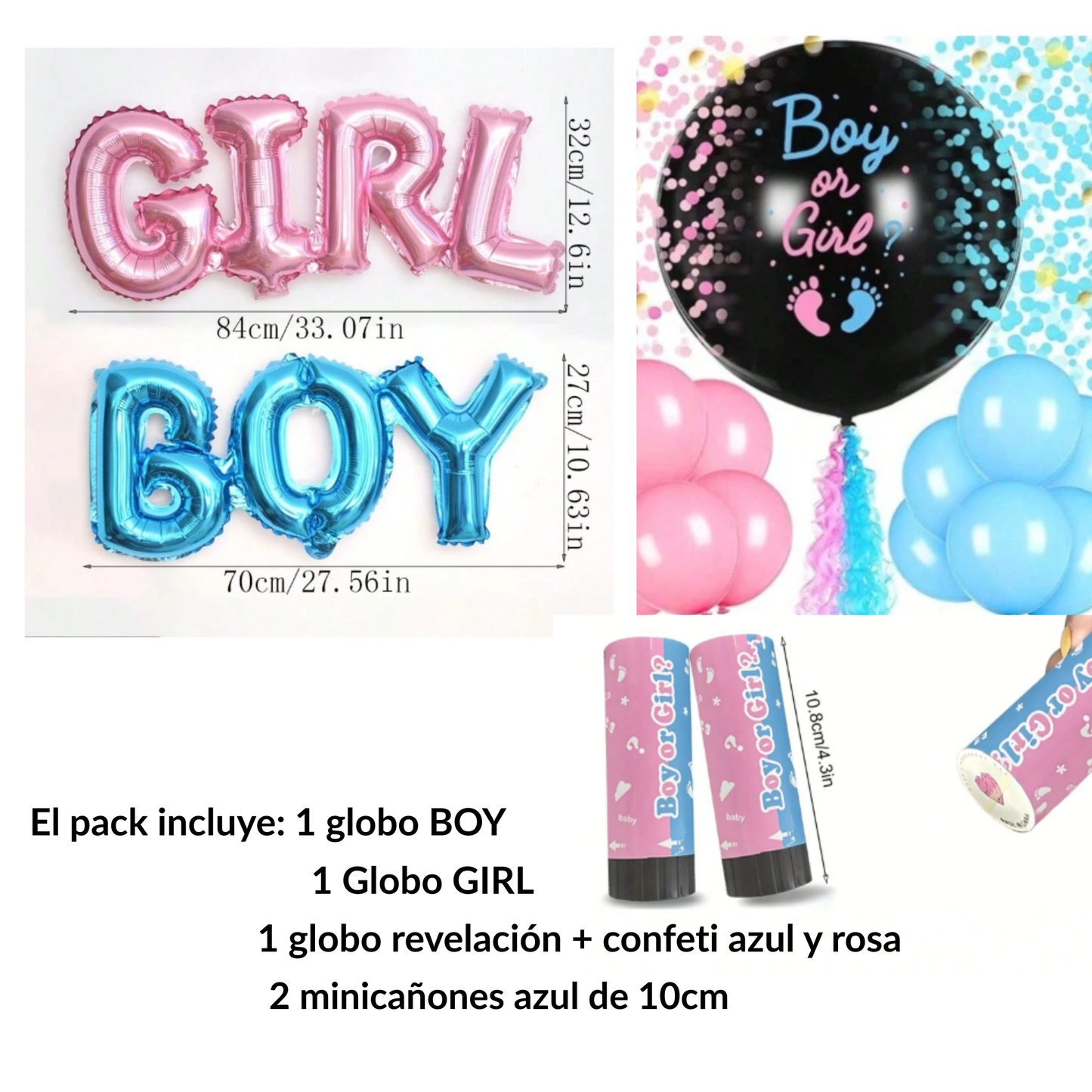 Pack Gender Reveal — Globo revelación + 2 cañones azules + globos BOY & GIRL