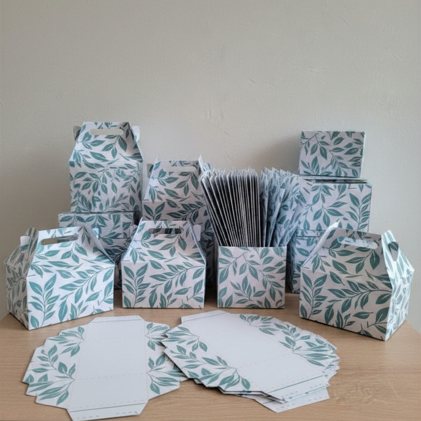 Pack 6 Sobres + 6 Cajas Desmontadas – Diseño Hoja Verde – Detalles para Bautizo, Baby Shower y Comunión