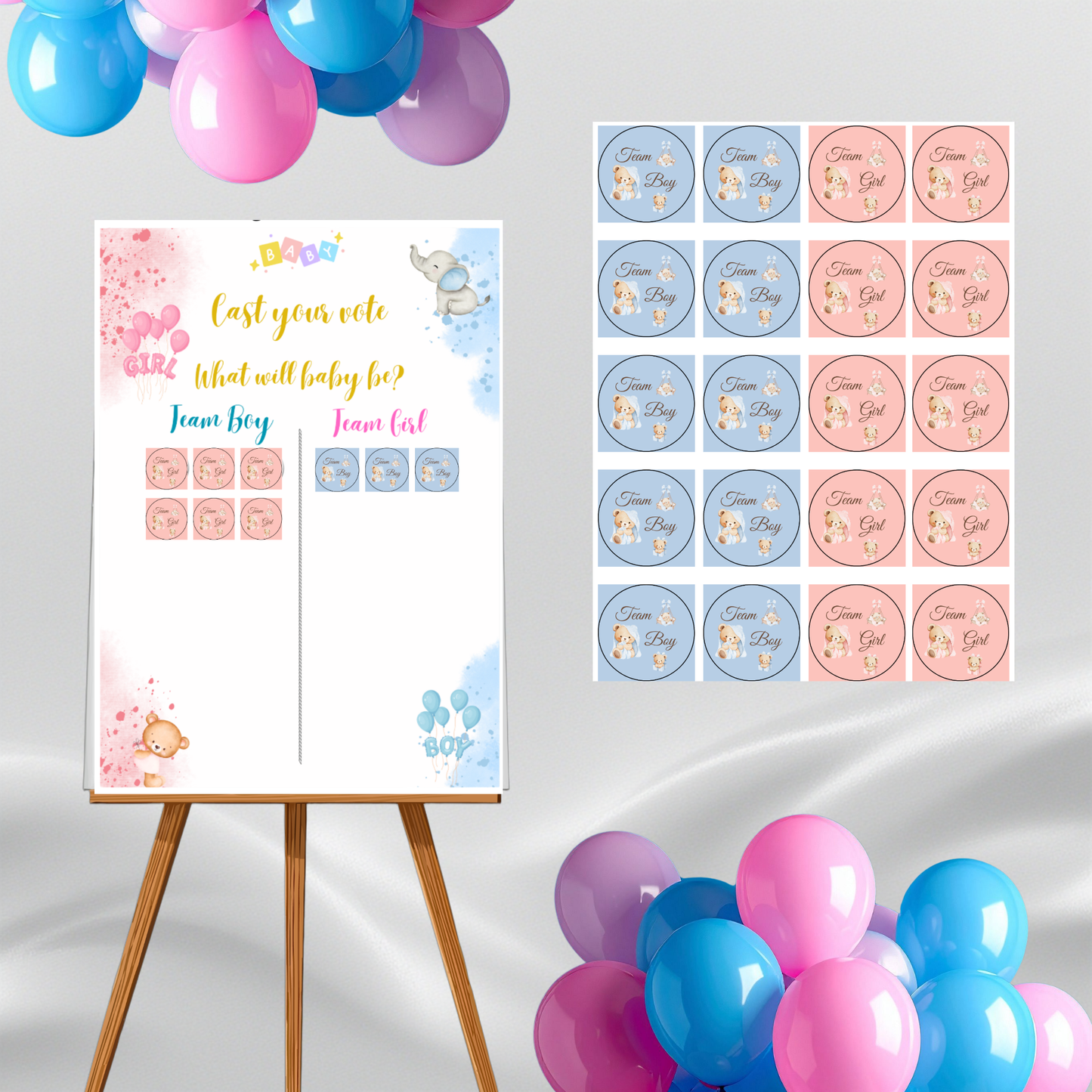Mega Pack Gender Reveal — Globo revelación + cañones rosa y azul + globos BOY & GIRL + árbol de huellas + juego de votación + adhesivos + pines (131 piezas)