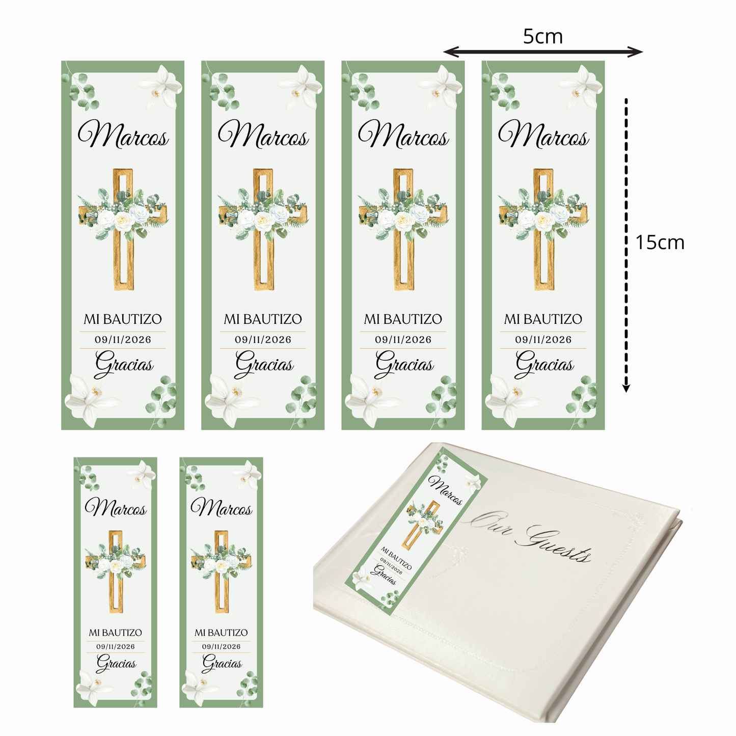 Marcapáginas Bautizo Personalizados – Diseño Cruz Dorada Floral – Packs 12 / 24 / 36 / 48 – Tarjetas Agradecimiento