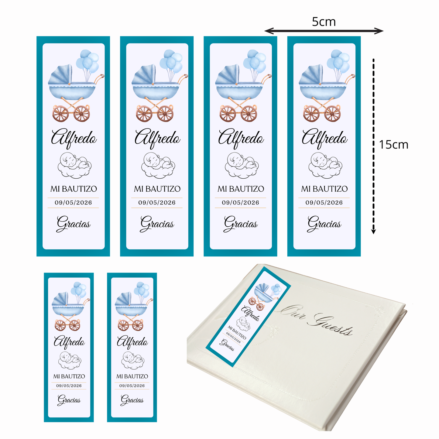 Marcapáginas Bautizo Personalizados – Diseño Carrito Azul – Packs 12 / 24 / 36 / 48 – Recuerdo para Invitados