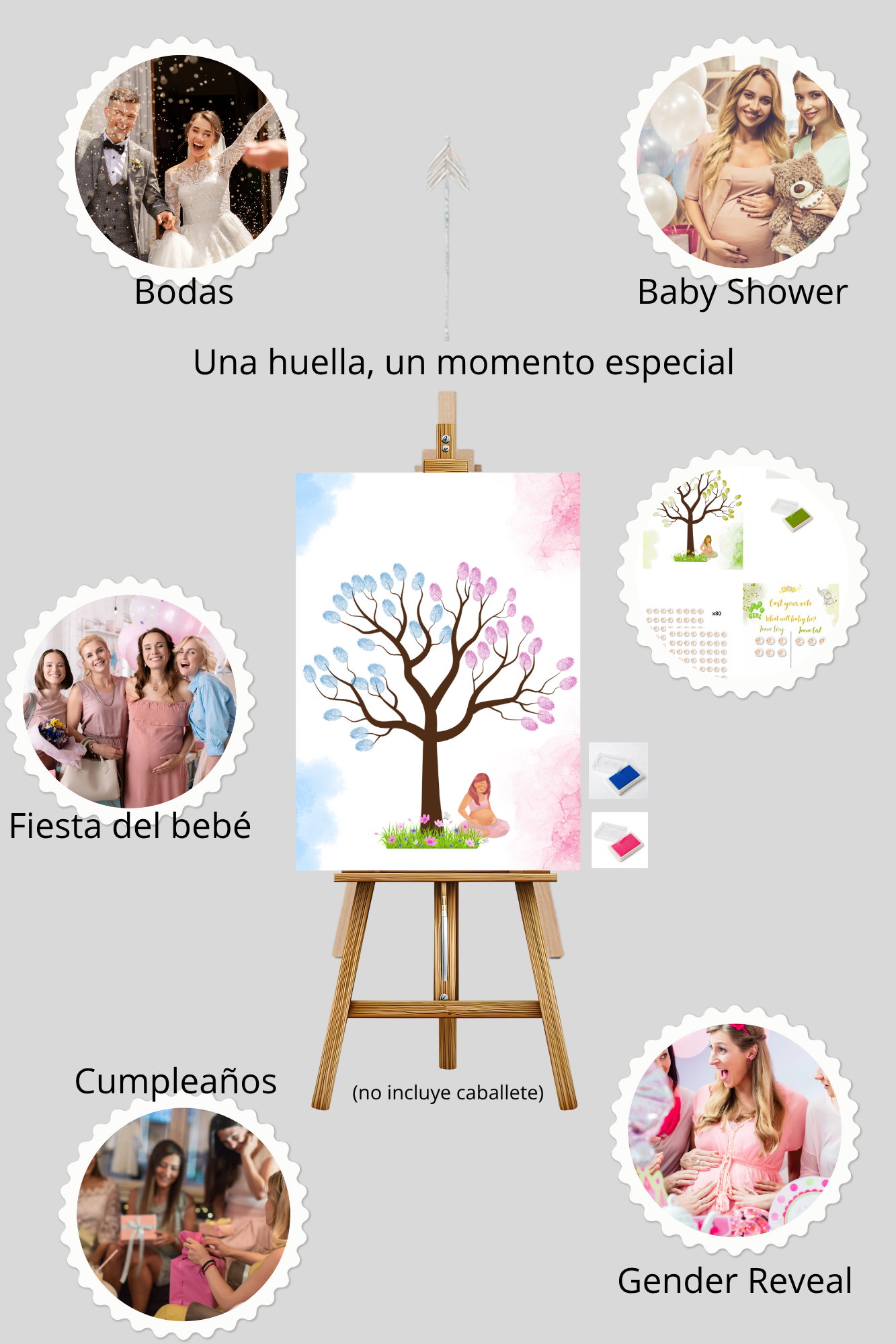 Árbol de huellas revelación de género - Tinta azul y rosa - Actividad gender reveal