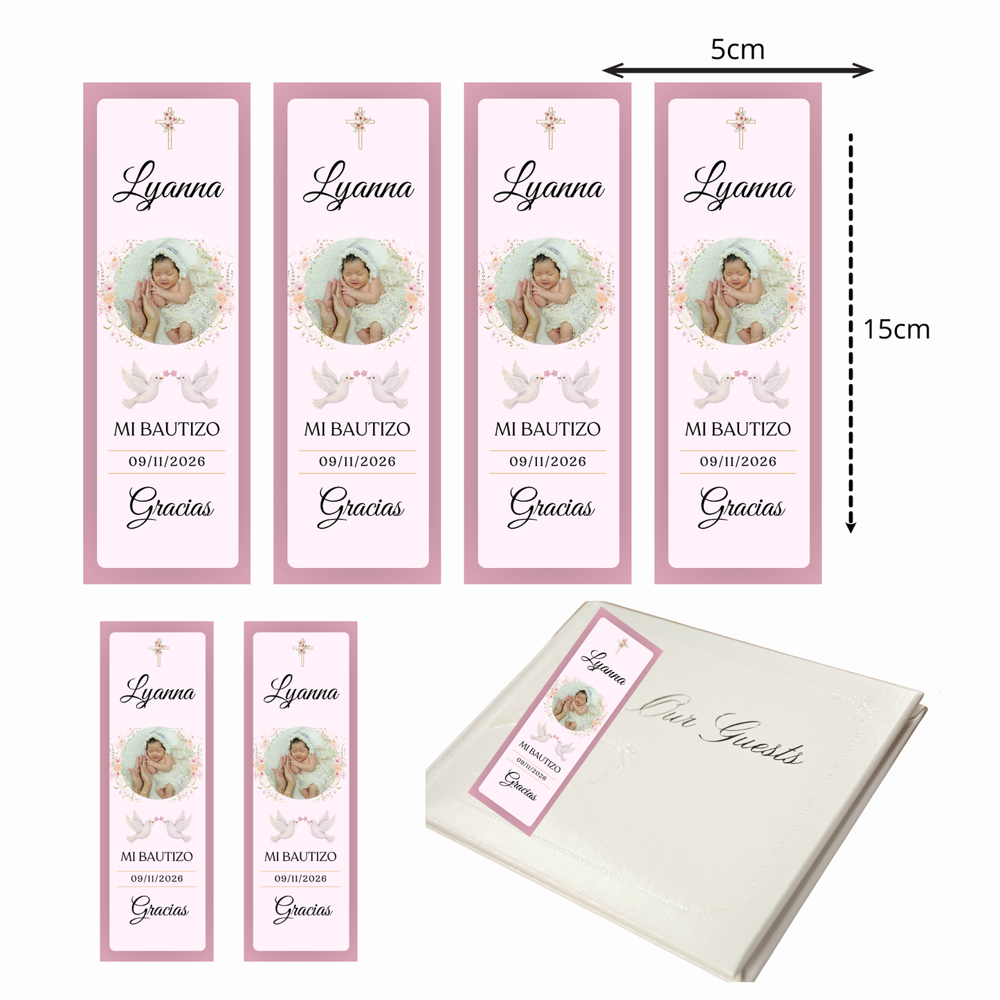 Marcapáginas Bautizo Personalizados con Foto – Diseño Floral Rosa – Packs 12 / 24 / 36 / 48 – Recuerdo para Invitados