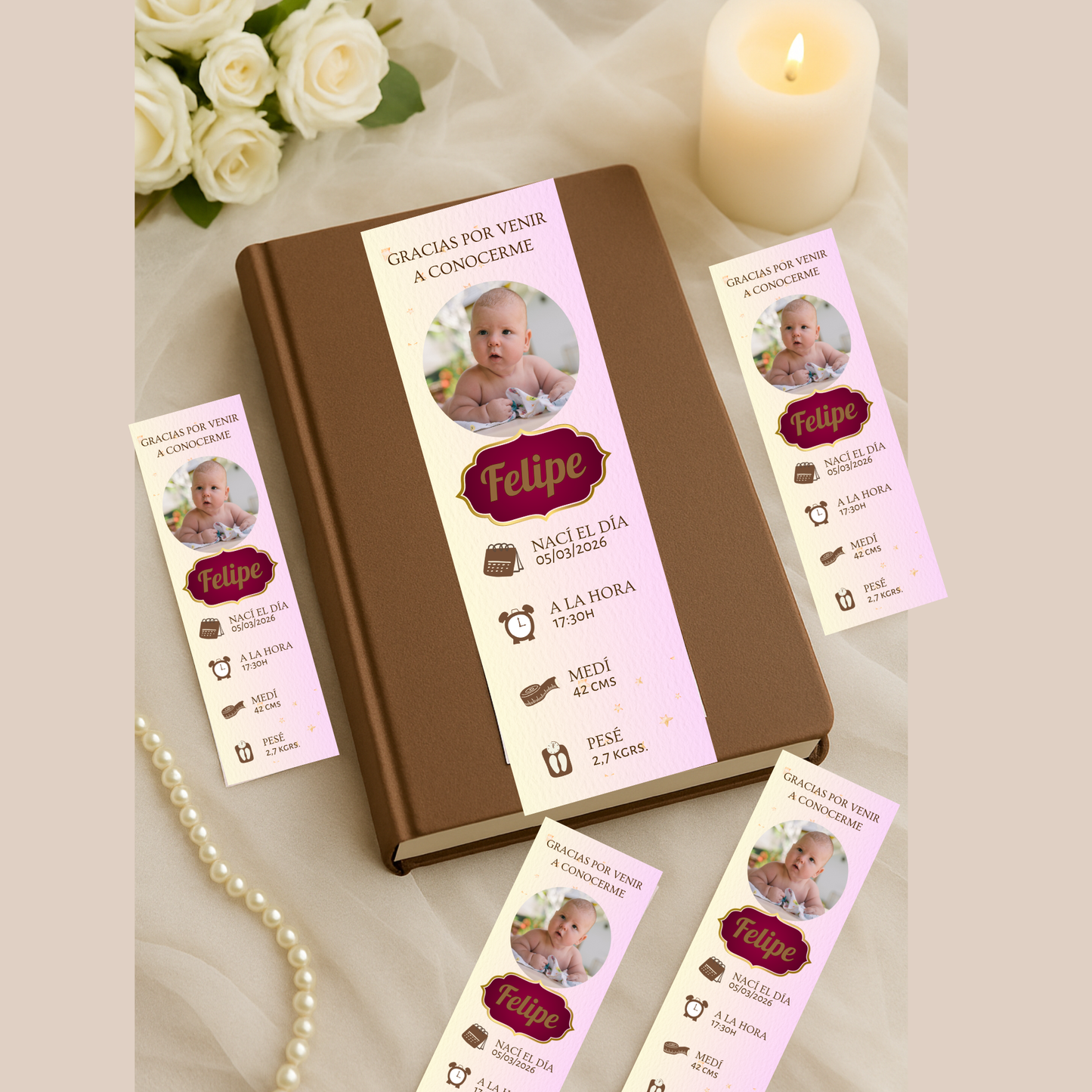 Marcapáginas Natalicio Personalizados con Foto – Diseño Rosa Pastel – Packs 12 / 24 / 36 / 48 – Recuerdo de Nacimiento