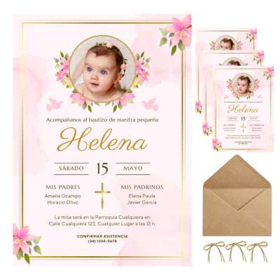 Invitaciones de Bautizo Personalizadas con Foto – Diseño Floral Rosa – Con Sobres y Cuerda de Yute – Packs 16 / 24 / 32
