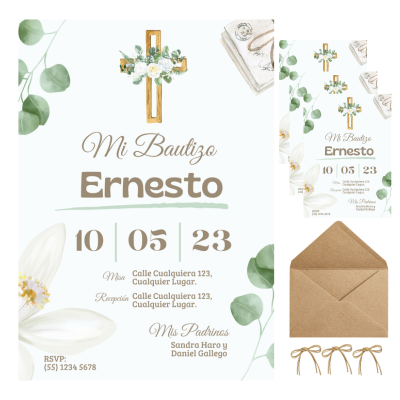 Invitaciones de Bautizo Personalizadas – Diseño Cruz Dorada – Con Sobres y Cuerda de Yute – Packs 16 / 24 / 32