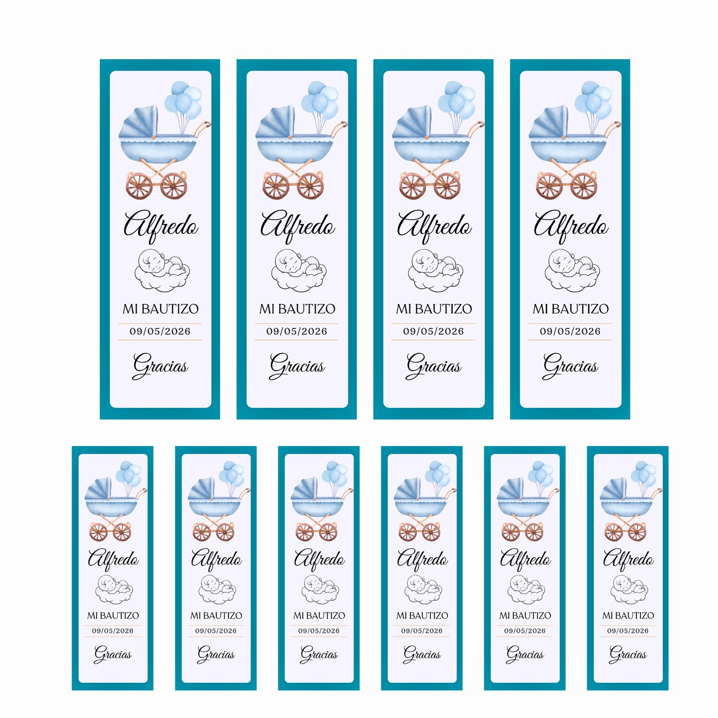 Marcapáginas Bautizo Personalizados – Diseño Carrito Azul – Packs 12 / 24 / 36 / 48 – Recuerdo para Invitados