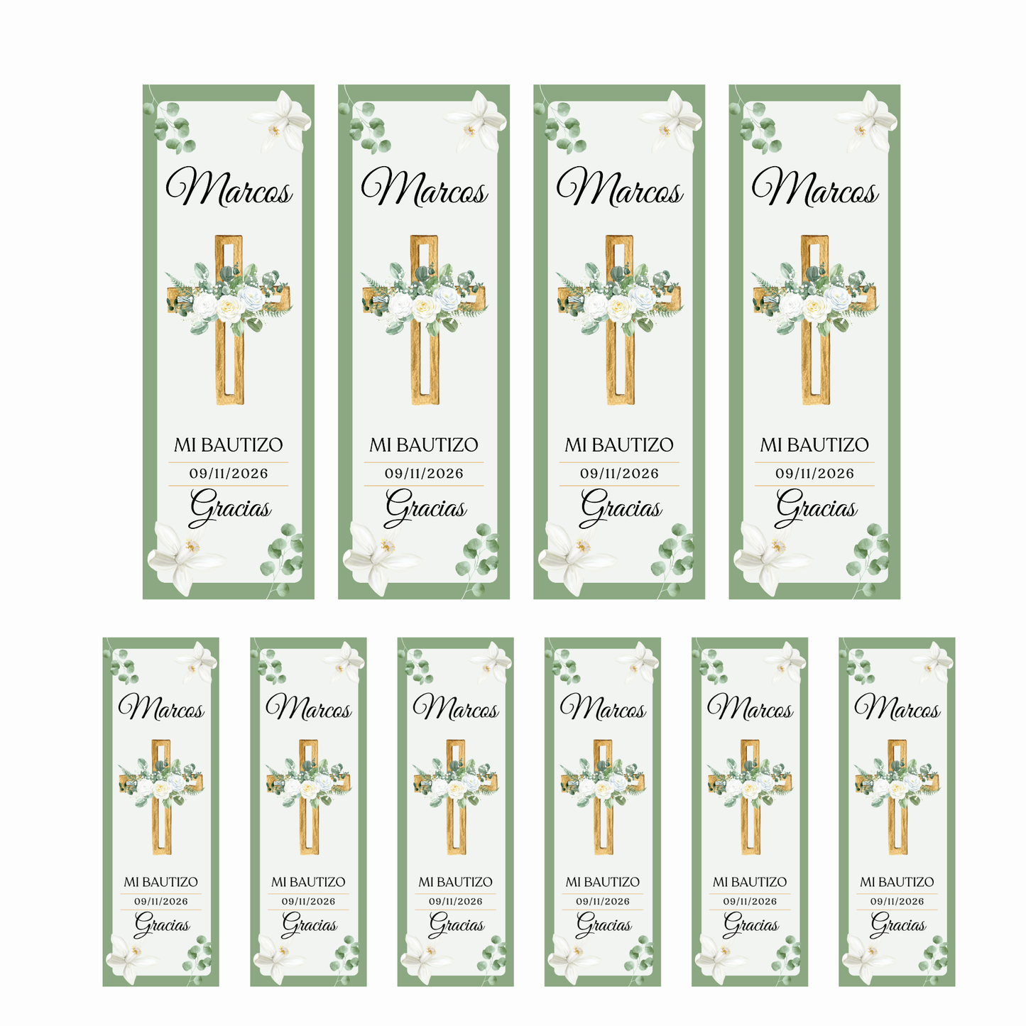 Marcapáginas Bautizo Personalizados – Diseño Cruz Dorada Floral – Packs 12 / 24 / 36 / 48 – Tarjetas Agradecimiento