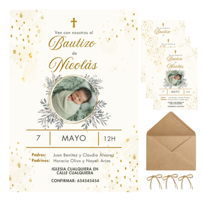 Invitaciones de Bautizo Personalizadas con Foto – Diseño Elegante Dorado – Con Sobres (Color Variable) – Packs 16 / 24 / 32